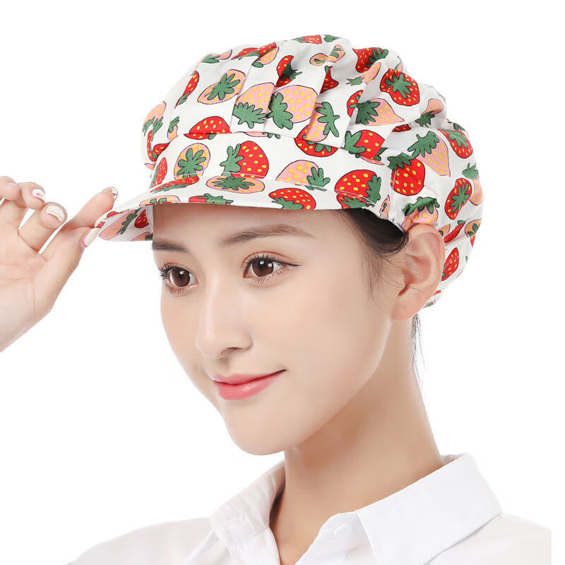 厨师帽厨房做饭炒菜卫生防油烟防掉头发可调节透气工装帽 红色草莓