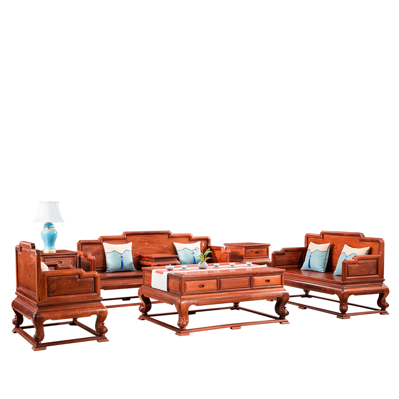 【联盟授权品牌】广典 红木家具缅甸花梨(学名:大果紫檀)实木客厅沙发组合 新中式整装别墅 雕花沙发 荷花宝座七件套123组合