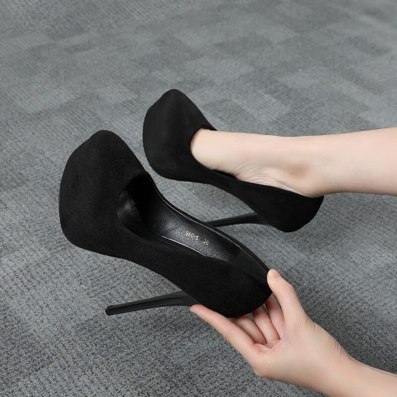 成人高跟小码单鞋女14cm超防水台圆头绒面夜店性感公主女鞋 黑色14cm