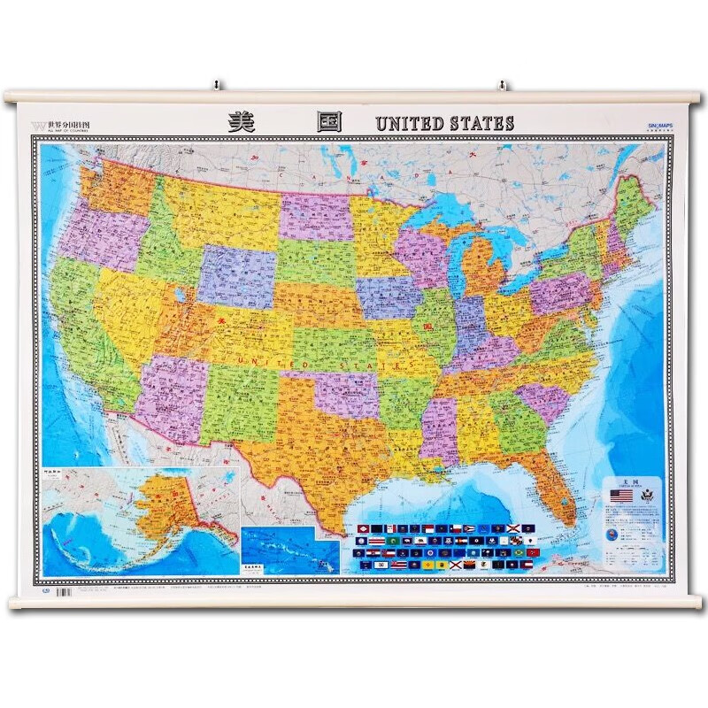 中英文版美国地图 世界分国行政挂图117x85厘米美国全图地图双面覆膜