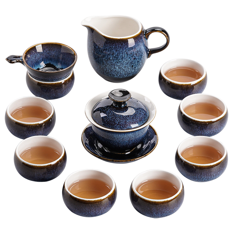 苏氏陶瓷（SUSHI CERAMICS）功夫茶具套装新窑变银丝釉泡茶盖碗苹果茶杯13头茶具送礼盒装