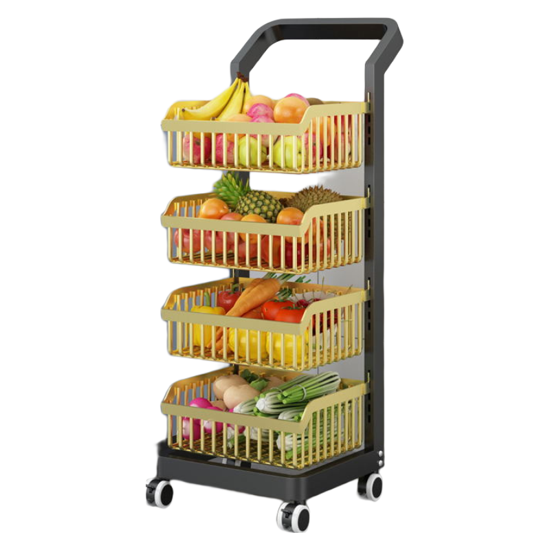 厨房置物架落地多层菜篮子可移动家用小推车蔬菜篮收纳储物架子用品省空间 3层黑金+卡扣式层距可调