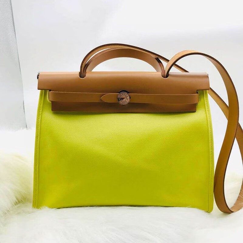 【二手95新】hermes/爱马仕herbag 30柠檬黄牛皮帆布拼接手提包