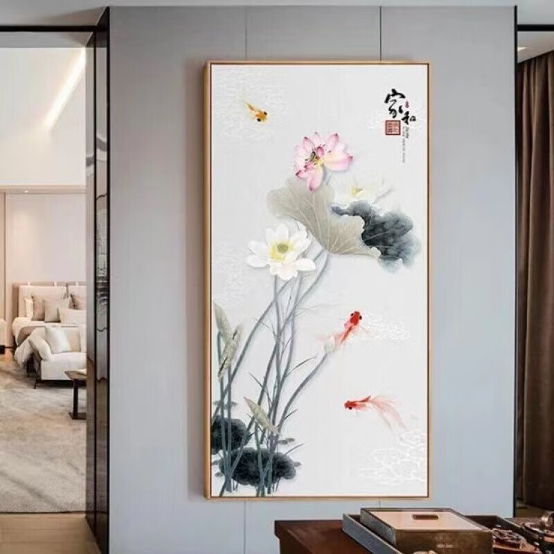 2021新款新中式玄关装饰画竖版荷花入户走廊挂画现代简约过道壁画晶瓷