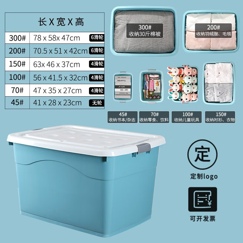 【2件套装】大号塑料收纳箱衣柜衣服收纳盒宿舍玩具收纳箱衣物衣服收纳储物箱整理箱子 北欧蓝【2只装】 80L【56*41.5*32】4轮