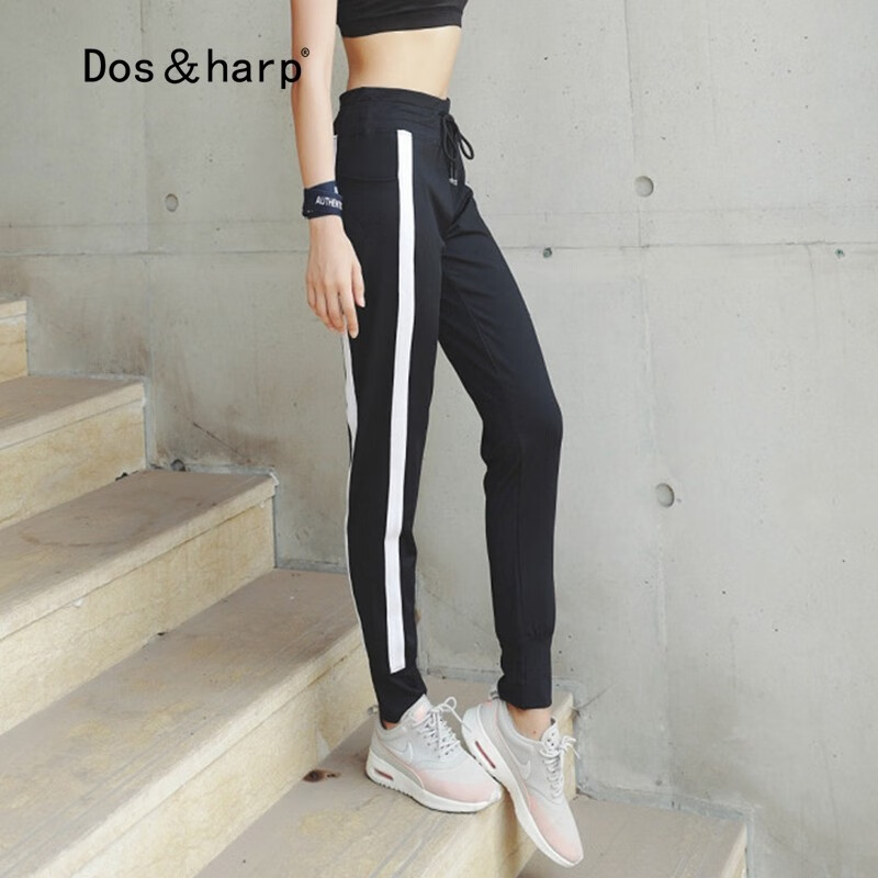 Dosharp品牌运动裤子宽松高腰健身跑步瑜伽裤女专业跑步侧条纹夏季大码收口薄 黑色 M