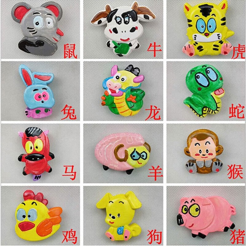 贝可麦拉（beikemaila）儿童石膏娃娃彩绘填画画涂色小熊白模涂鸦手工DIY幼儿园玩具礼物 12生肖白坯+12色颜料画2画笔