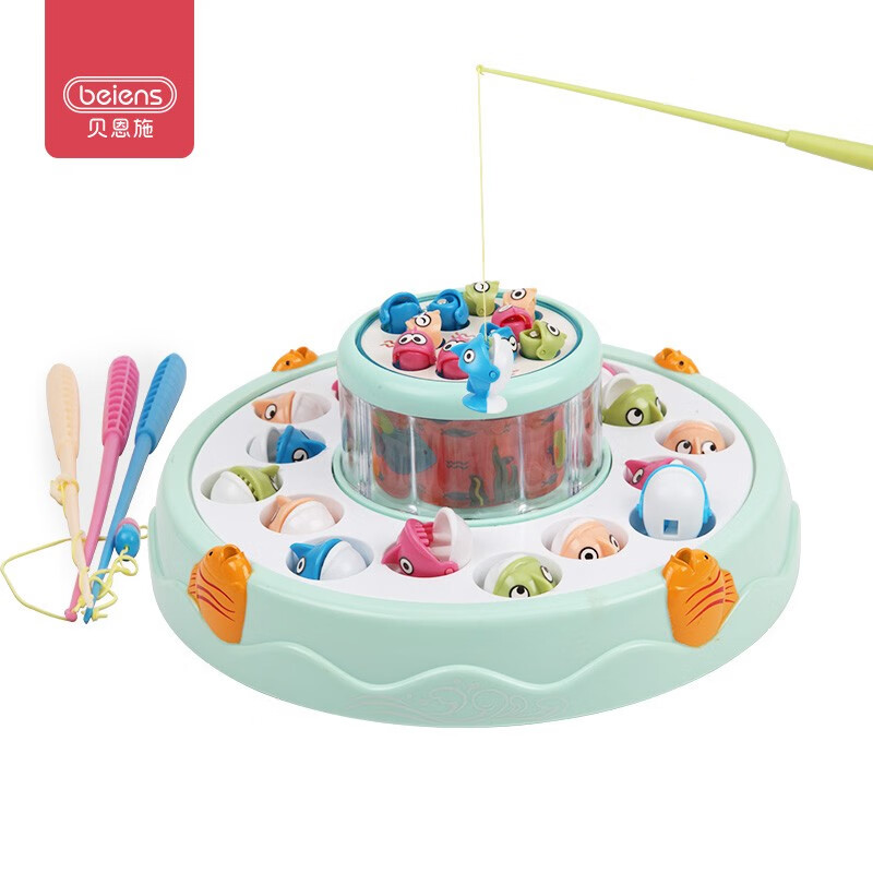 贝恩施儿童玩具 磁性钓鱼 宝宝早教益智玩具 电动音乐旋转双层钓鱼玩具B503绿色六一儿童节礼物