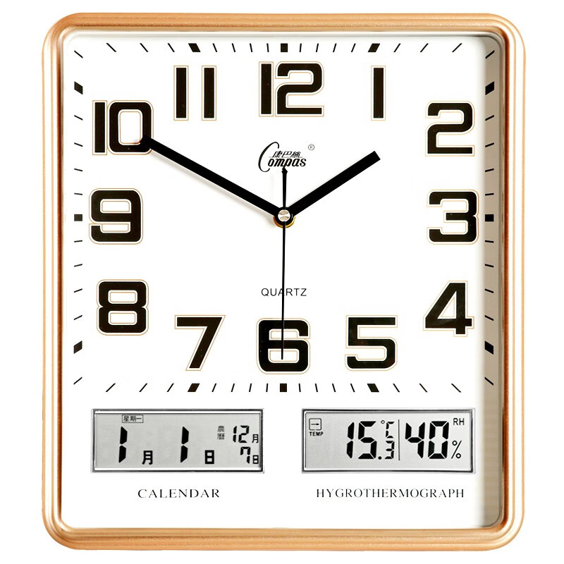康巴丝（Compas） 挂钟万年历温湿度钟表创意客厅时钟简约挂表方形日历石英钟 3105 闪金 30CM*34CM