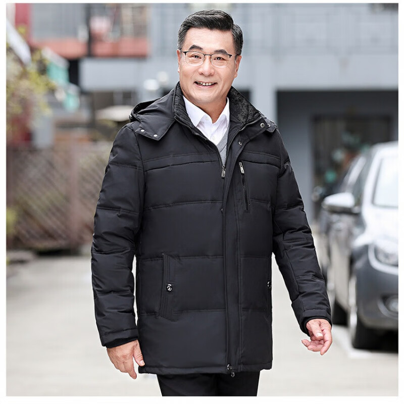 鱼安中老年羽绒棉羽绒服男加厚爸爸冬装短款中父亲大码外套 黑色 m