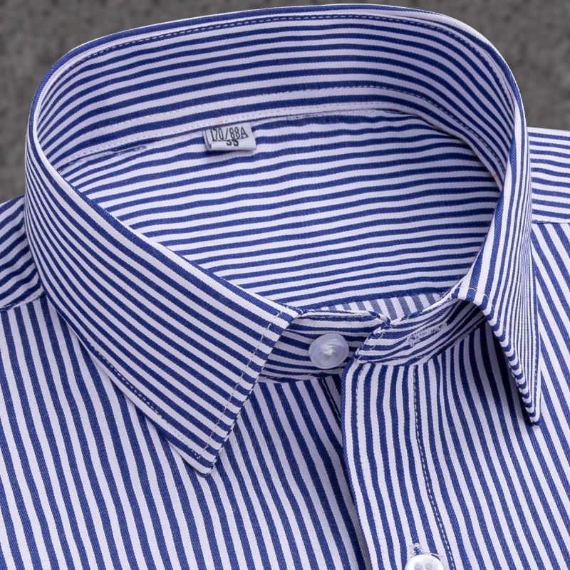 工装长袖男士薄款衬衫休闲抗蓝色棉衬衣 长袖-sw05-深蓝底白条-有口袋