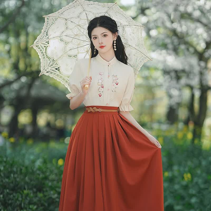 倾卿日常改良汉服成人女夏复古国风汉元素中式绣花上衣半身连衣裙文艺套装 白色上衣+红色裙子(含腰带) M(105斤左右)属于什么档次？