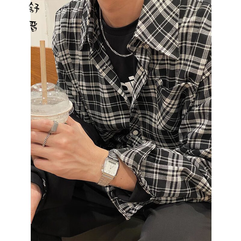 舒晋春秋季新款港风痞帅黑白复古格子衬衫男宽松百搭潮流休闲衬衣