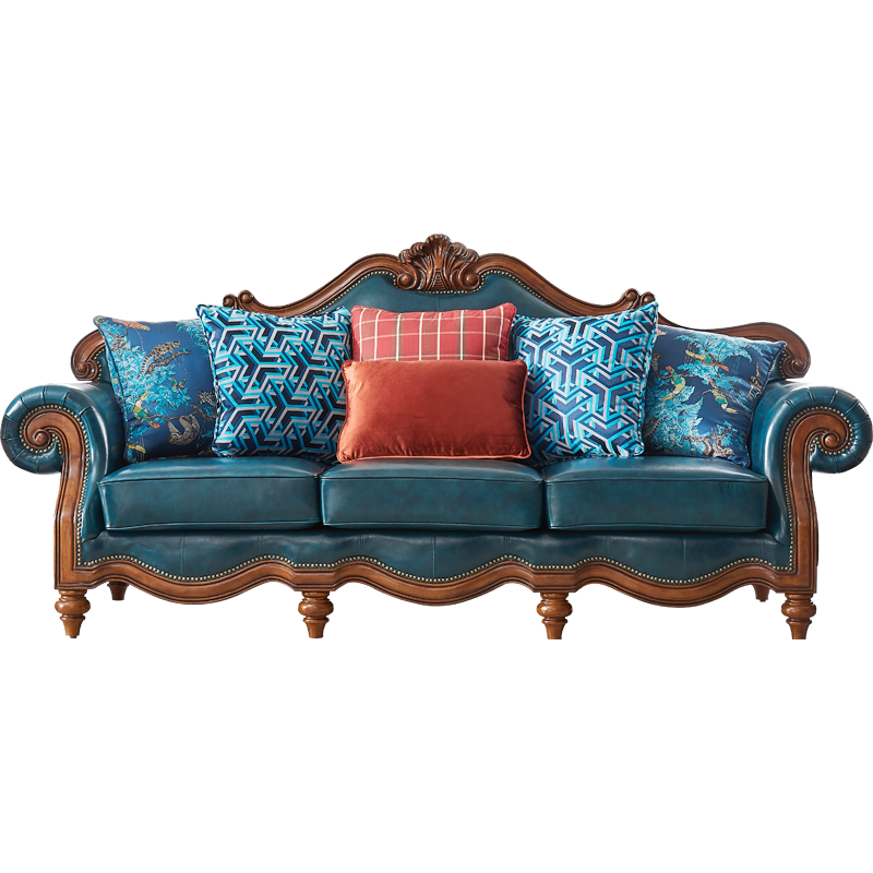 格澜帝尔(growdear)沙发美式实木皮布艺沙发头层牛皮真皮沙发组合欧式沙发客厅 1+2+3沙发组合(蓝色皮布