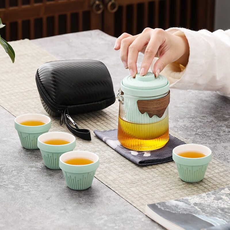 言艺 日式简约旅行茶具套装家用便携式包快客杯一壶四杯 茗湛（湖兰）
