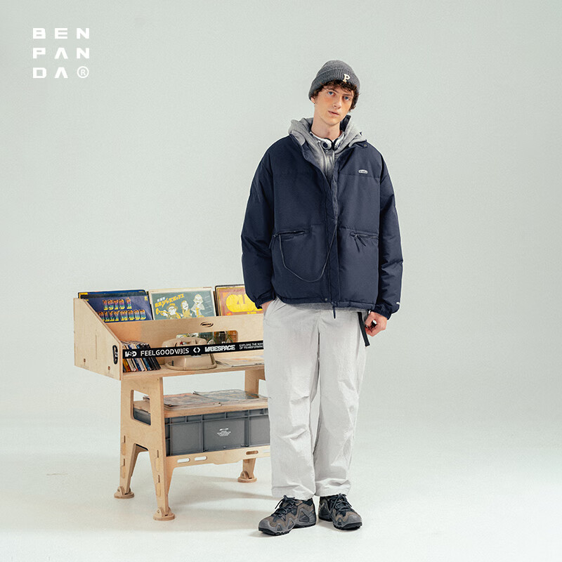熊猫·本(ben.panda)工装羽绒服男厚款宽松日系立领防寒保暖短款衣秋冬多穿面包服外套 藏青色 「24款1.0」85绒子·新国标 XL