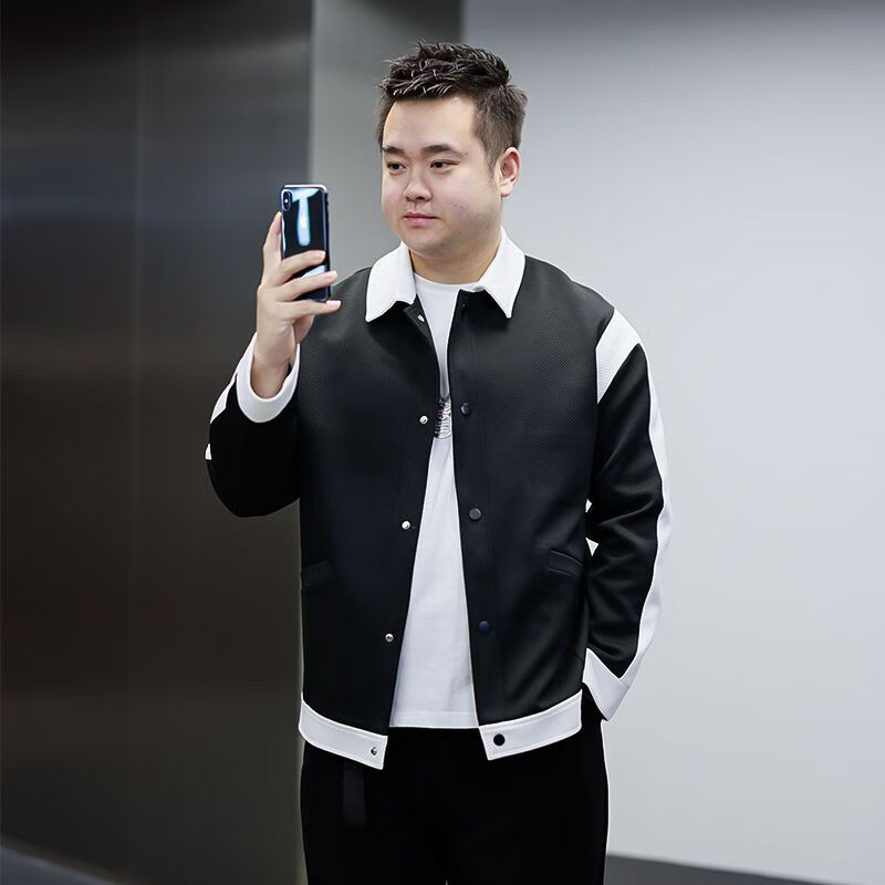 尊品熊春季男士大码潮流百搭拼色设计夹克胖子男生穿衣搭配休闲外套