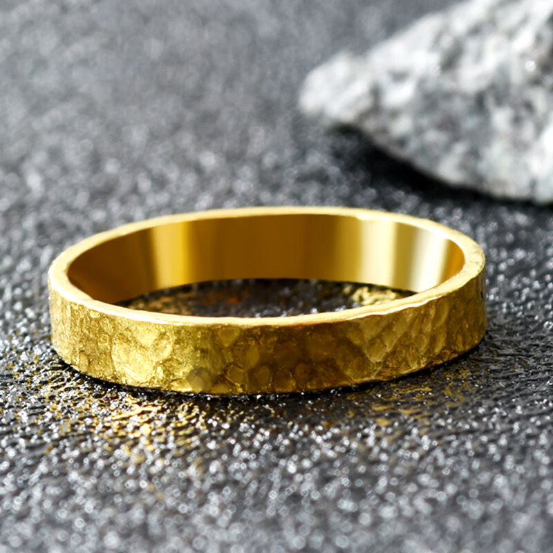 匠蕴黄金戒指女男999足金锤纹简约素圈情侣款尾戒结婚对戒送礼可刻字