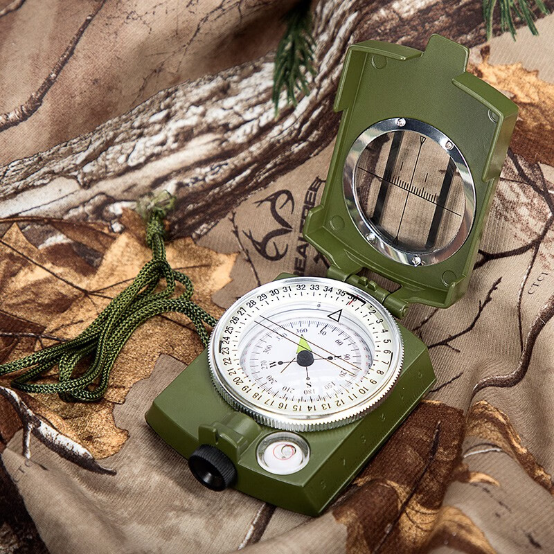 BIJIA美式多功能专业指南针户外登山指北针地质罗盘带荧光圈水平仪夜光 指北针迷彩绿