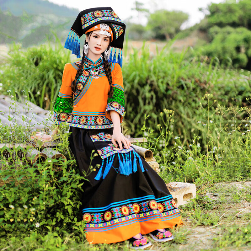 歌珀尼三月三民族服装壮族女传统服民族风回娘家歌圩节表演服 黄色 xs