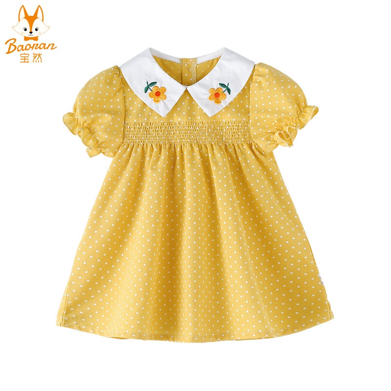 宝然女宝宝夏装1-5岁波点公主裙子外出服婴儿连衣裙短袖夏季薄款5700 黄色 90cm