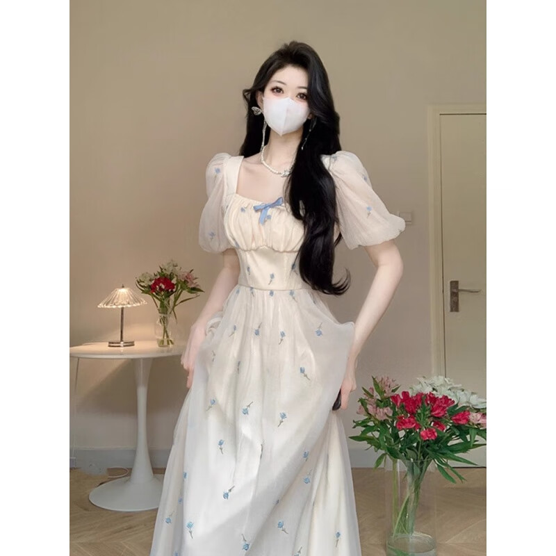 茶歇桔梗法式泡泡袖碎花连衣裙仙女夏季超仙气质感公主长裙子 杏色 s