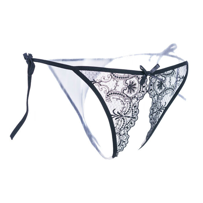 日系透明情趣内裤女蕾丝开档t丁字裤免脱系带子夜火性感内衣 黑色