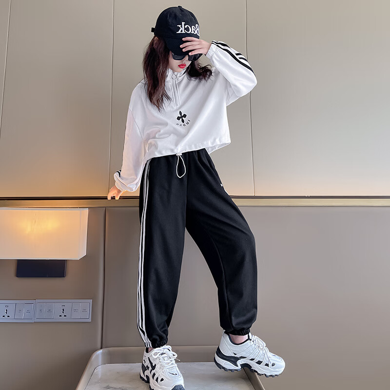 靓女街女童套装春秋款中大儿童女孩衣服运动立领卫衣宽松印花卫裤两件
