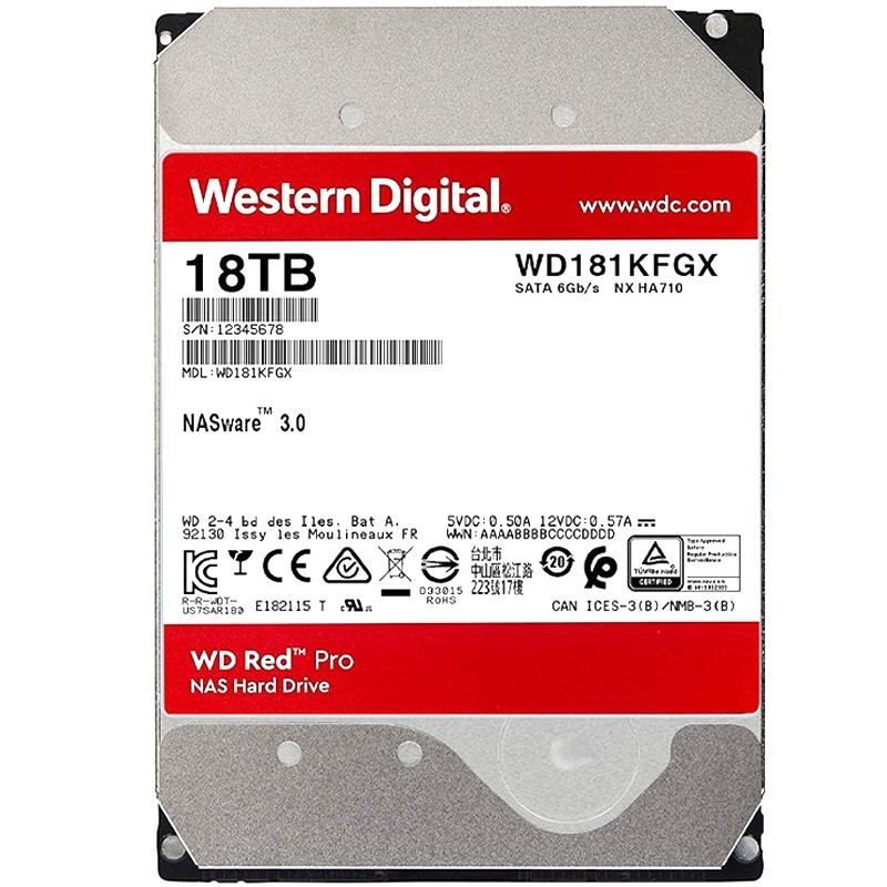 西部数据(WD)红盘Pro 7200转SATA 6gb/s NAS网络储存硬盘服务器电脑机械硬盘 18TB (WD181KFGX)
