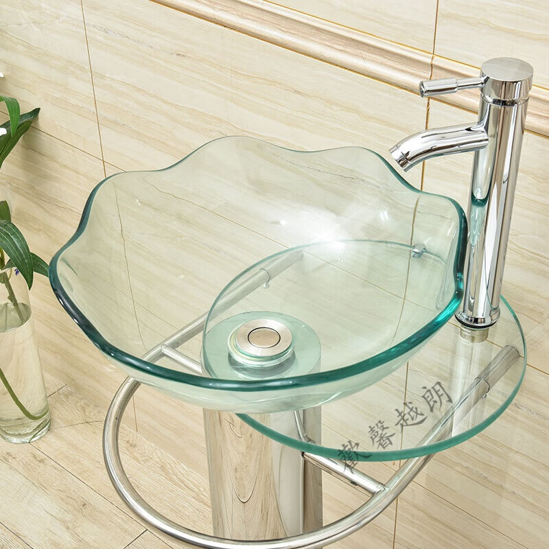 【轻奢高端】钢化玻璃盆不锈钢立柱洗脸盆洗手盆小户型卫生间阳台艺术