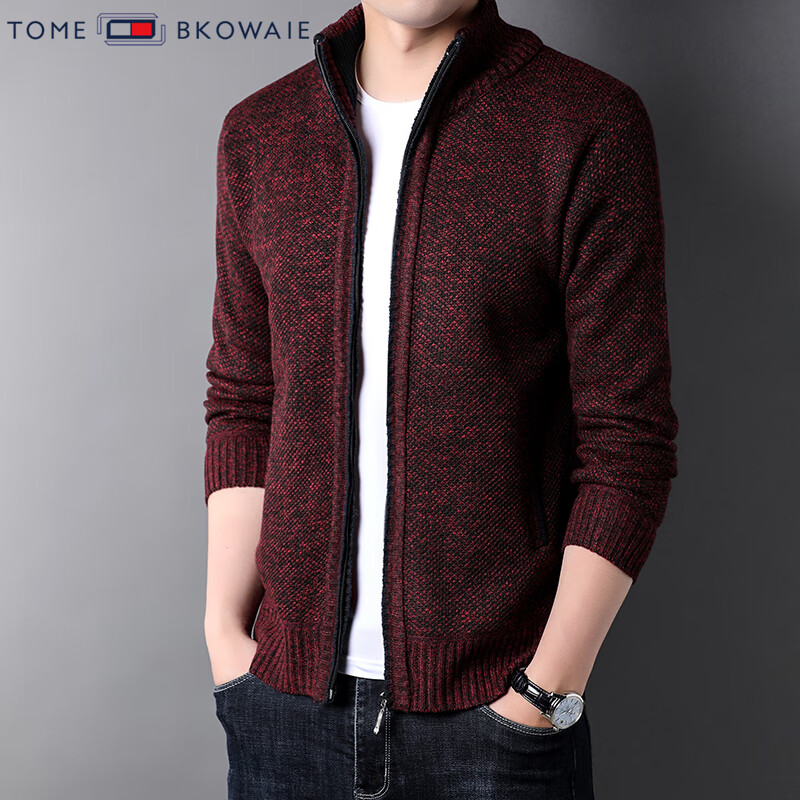 汤米芙兰可加绒加厚针织外套男2025年秋冬新款商务休闲保暖宽松毛衣开衫 红色加绒 4XL （建议180-195斤）