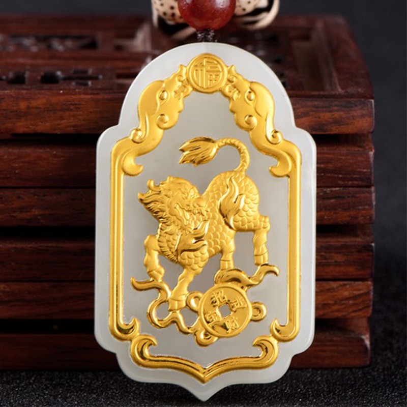 牧思 黄金镶和田玉火麒麟吊坠男女 平安无事牌 护身符玉牌项坠项链挂