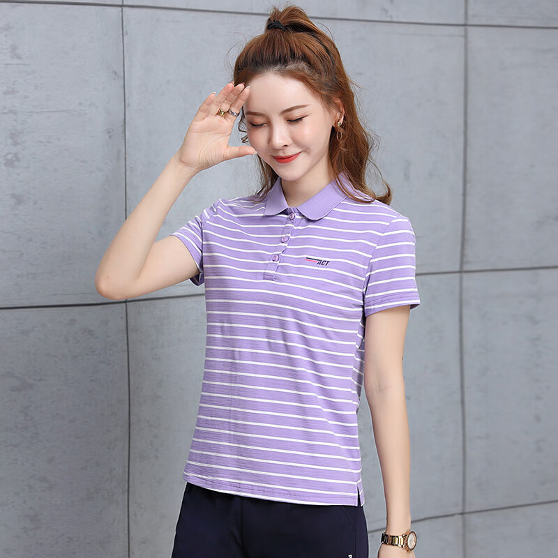 的短袖女t桖带领短袖t恤女翻领棉polo衫女士条纹有领中年运动 紫色11