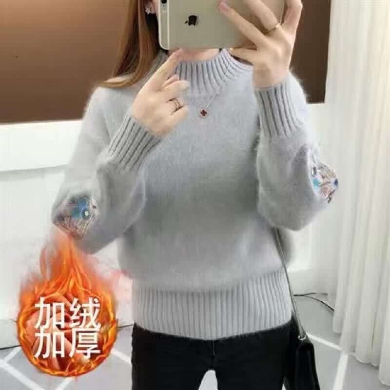 诺煦【包芯纱】半高领毛衣加厚女秋冬季短款刺绣花打底针织衫长袖 灰色-加绒加厚 L  建议105-115斤
