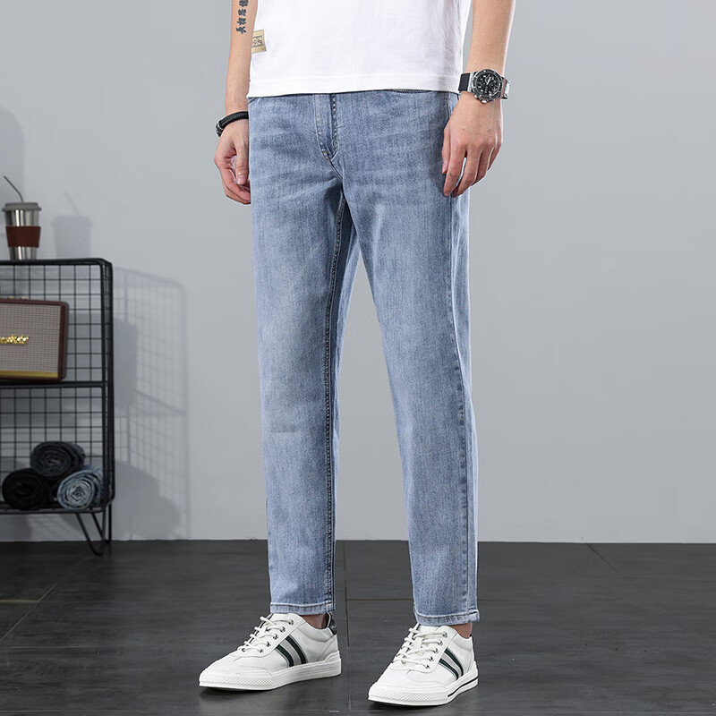 Prato Lee男士九分牛仔裤男夏季直筒裤男休闲弹力春秋九分裤男9分裤子薄款 9901浅蓝色 38