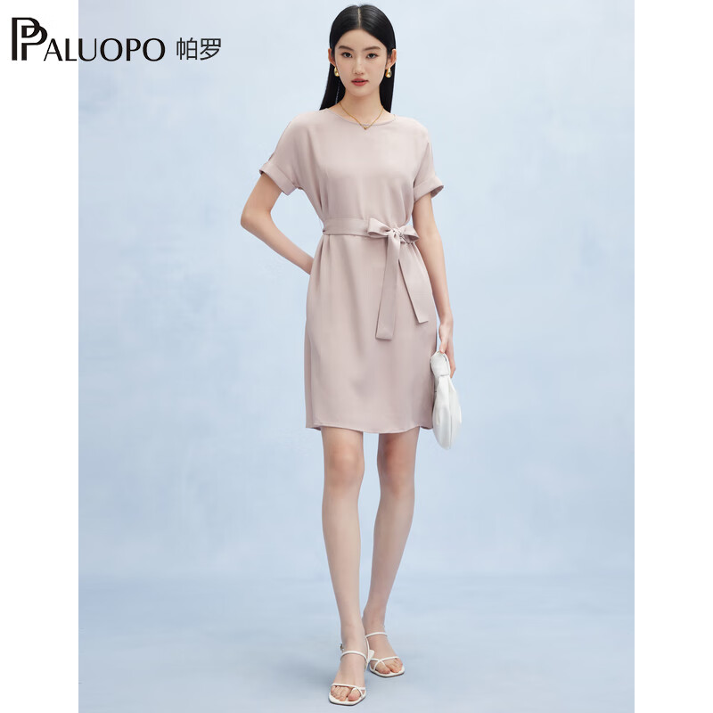 帕罗（PALUOPO）新款22姆米重绉圆领纯色短袖连衣裙重磅真丝高腰销售系带淑女裙子 粉紫 S (155/80A)