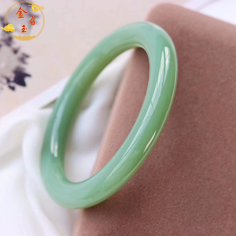金召玉和田玉碧玉粉青手镯老坑料油糯女士细料冰种荧光圆条送礼