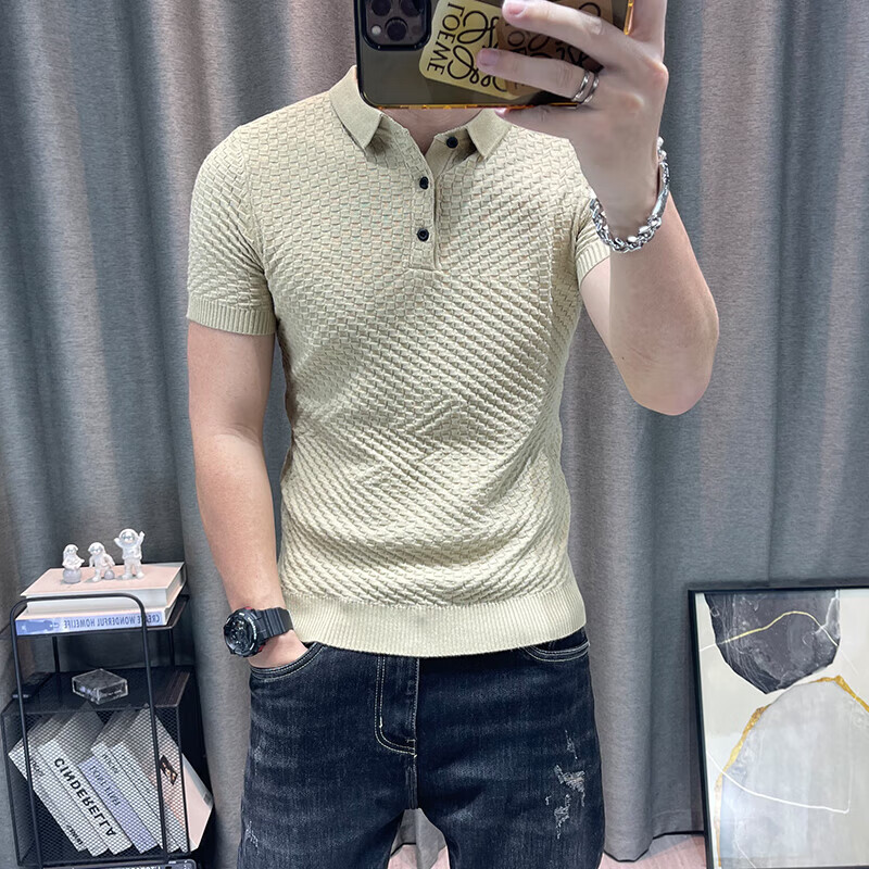 LUO ELEMENT翻领针织衫男春夏百搭男士polo领短袖毛衣弹力紧身青年毛线衣长衣 驼色 5XL