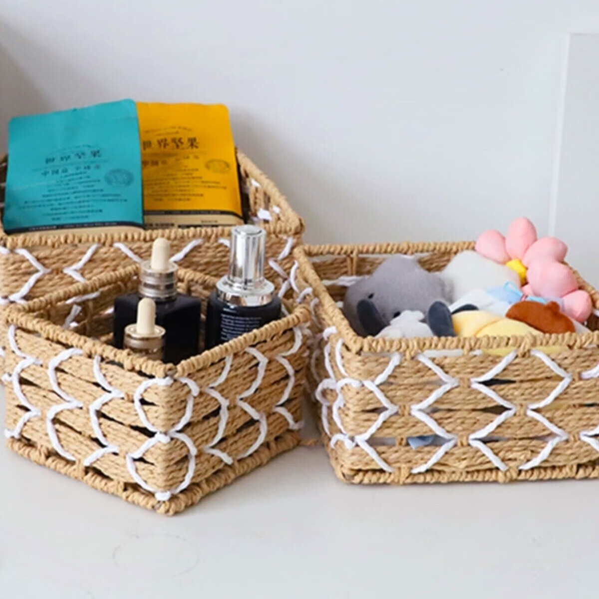 编织收纳筐桌面收纳篮收纳盒整理盒置物筐 小号米白拼色纸绳收纳筐