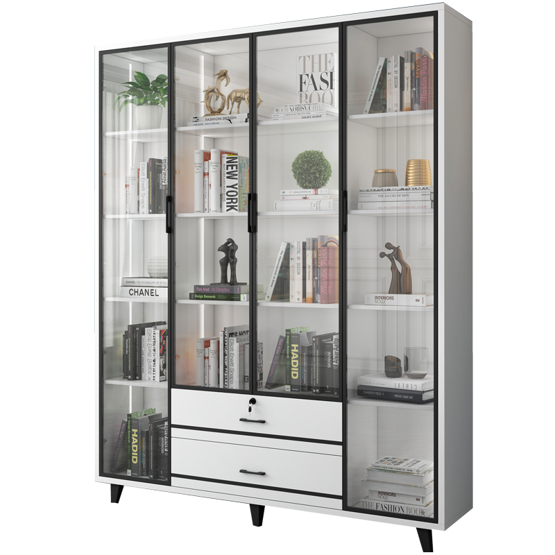 AEY 现代简约落地书架玻璃门带灯书架 1.6m四门