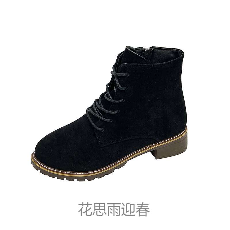 反绒皮短靴女翻毛皮马丁靴女英伦风圆头机车靴侧拉链系带大码中筒靴