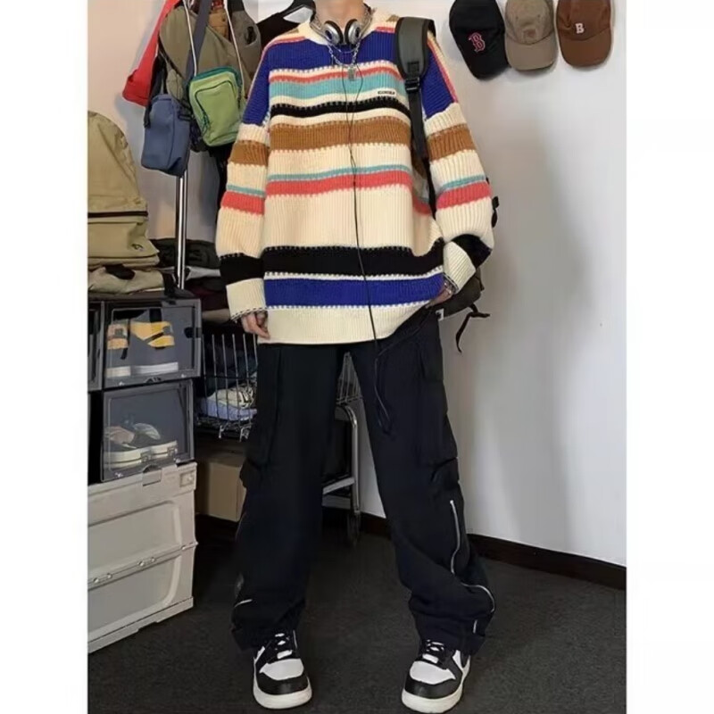 黑盒白学院风彩虹条纹圆领毛衣男女复古慵懒风学生秋冬季情侣针织衫男 XH-Y39黑色 常规 2XL 【130-150斤】