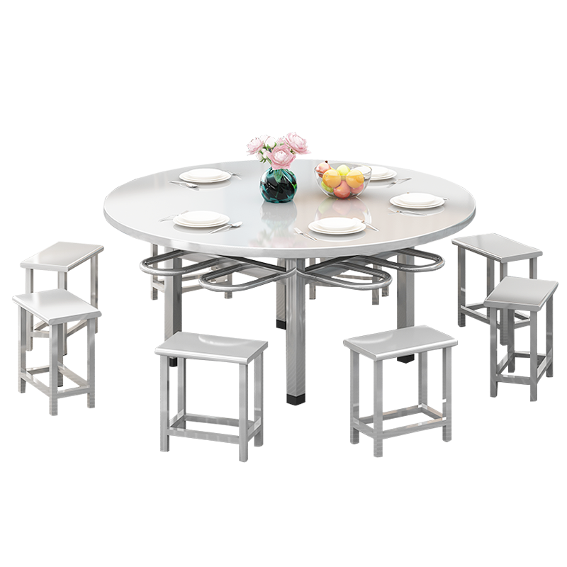 奈高不锈钢餐桌食堂餐桌职员学校食堂餐桌椅可悬挂凳子-1.46米圆桌一桌8凳