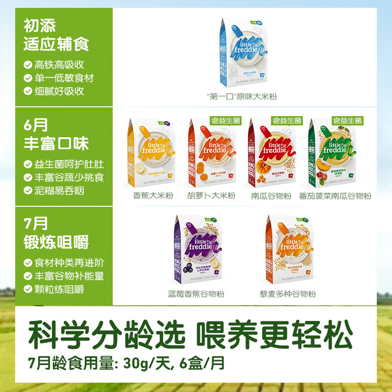 小皮(Little Freddie)【高铁有机米粉活动】婴儿米粉辅食宝宝新鲜进口米糊6个月 6到9月+ 原味蓝莓藜麦3盒装 480g