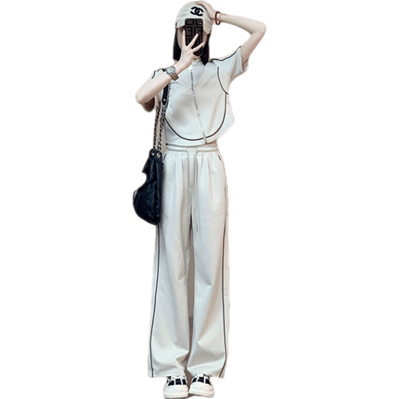 BVX運動套裝女夏季新款女神范氣質(zhì)顯瘦短袖開衫闊腿褲時尚休閑兩件套 杏色 L