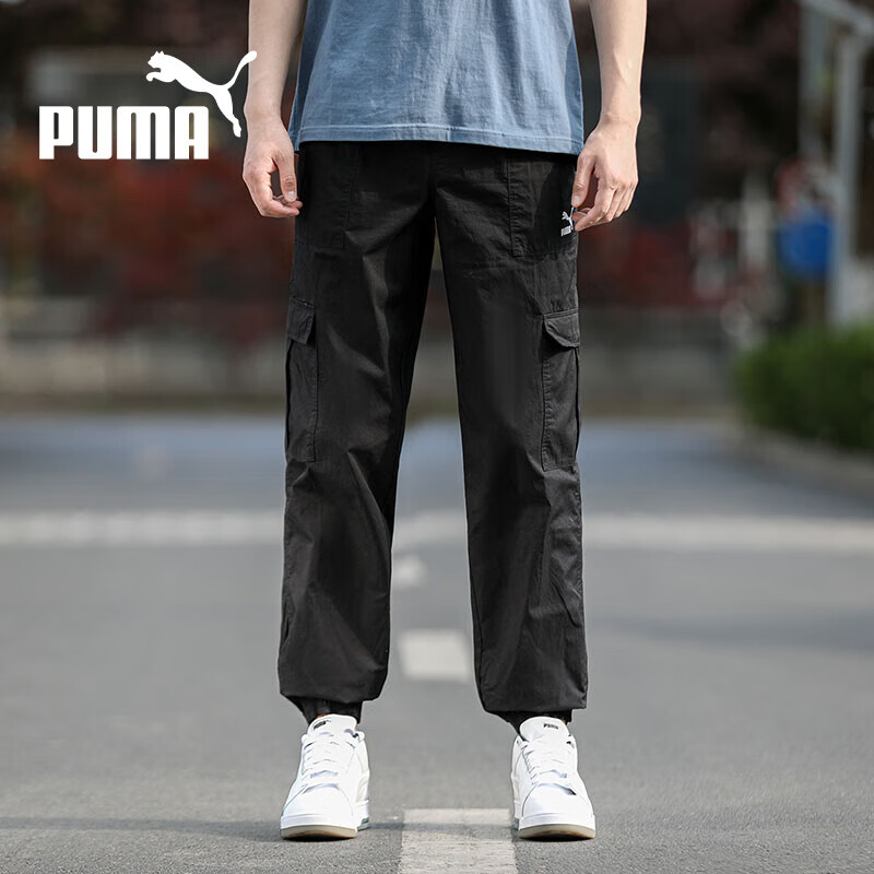 彪马（PUMA）男裤子舒适休闲裤透气宽松工装裤束脚梭织运动裤 黑色 XL