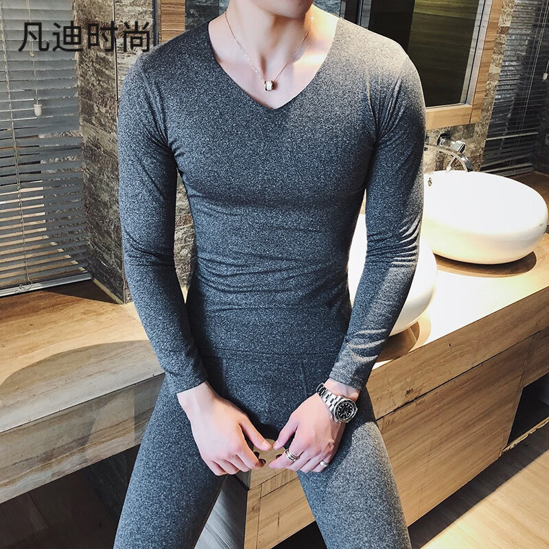 凡迪时尚(fandiss)冬季加绒保暖内衣套装男士无痕弹力修身内搭秋衣