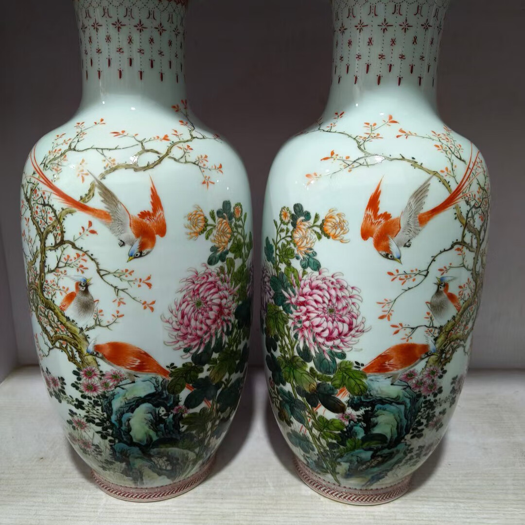 程意亭手绘景德镇567老厂货瓷器真品 粉彩花鸟对瓶摆件收藏装饰花