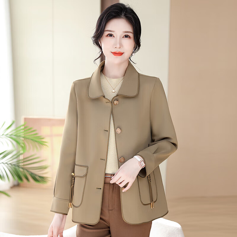 孜颜中老年女装外套妈妈装春装新中式春秋风衣40岁50中年人阔太太衣服 12852024卡其 XL 【建议80-100斤】