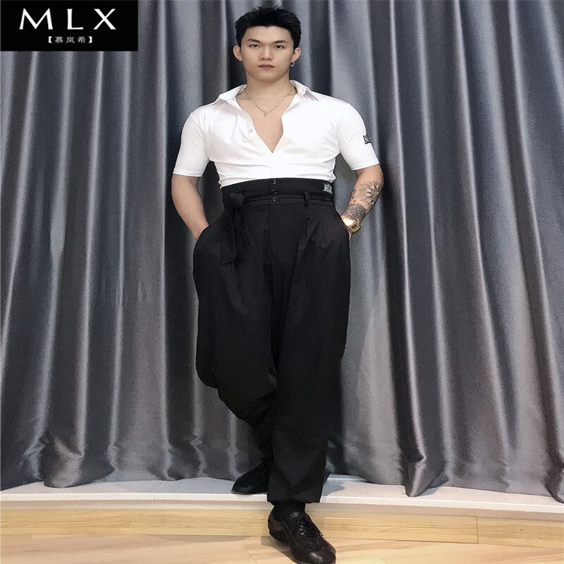 勋狸粑mlx7515国标舞蹈男款两穿练功裤摩登高腰宽松皱褶拉丁舞裤子